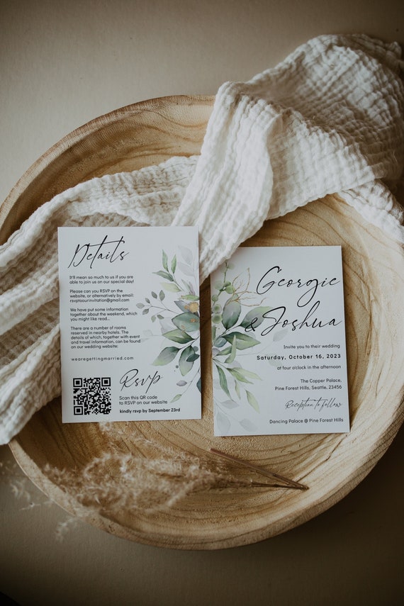Greenery Wedding Invitations + Details Rsvp Cards, with QR Code, Scan to RSVP, Front / Back or 2 Cards, Canva Templates | 80G