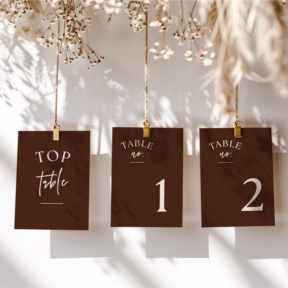 Canva Template Espresso Table Numbers, Chocolate Brown Wedding Number Cards, Canva Templates | 88