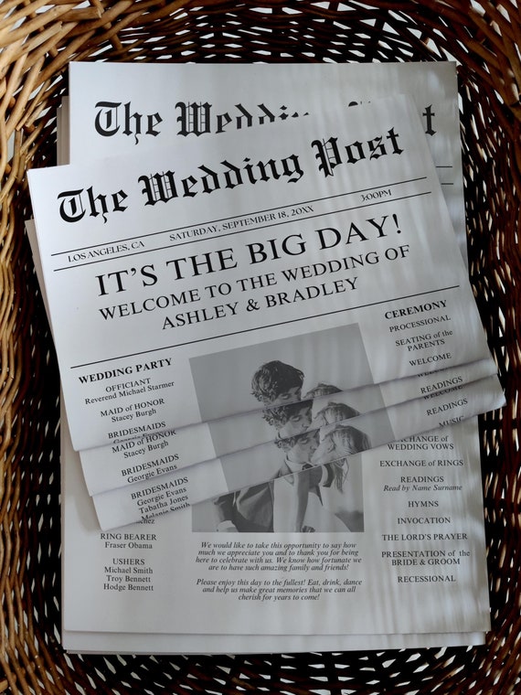 Newspaper Wedding Program Template, Wedding Newspaper, Timeline Wedding Program, Infographic Program, Program Timeline, Canva Templates