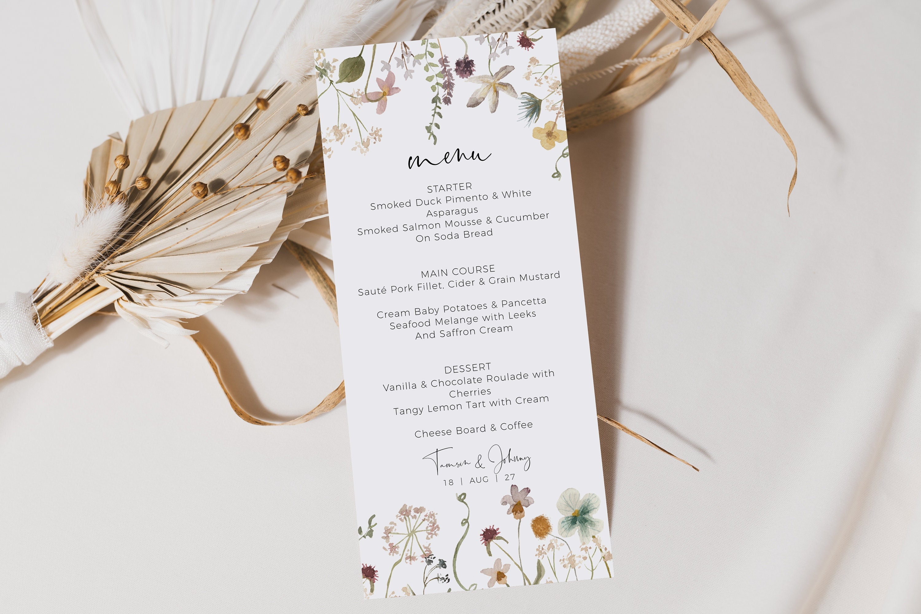 Wildflower Menu Template, Menu with Flowers, Printable Flower Menu