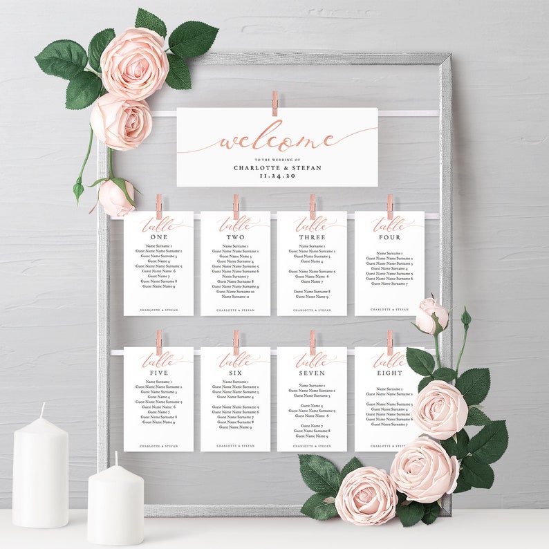 LucyRose Make your own Rose Gold EFFECT DIY Hanging Seating Chart Frame using these Printable Templates, Corjl Template, FREE Demo image 1