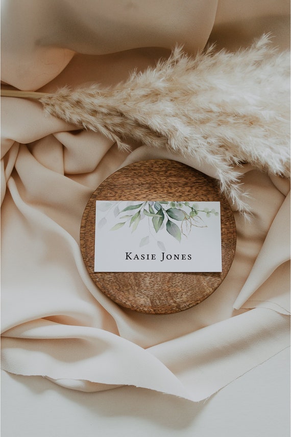 Leaf & Gold - Flat Name Place Card Templates, Pretty Name Cards, 3.5x2", Printable Greenery Name Cards, Corjl Templates, FREE Demo