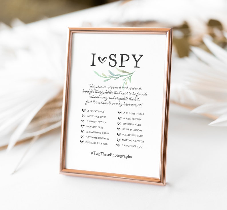 I Spy Wedding Game, I Spy Printable Sign, Wedding Signs 4x6, 4x9, 5x7 and 8x10, Disposable Camera, Greenery, Corjl Template, FREE Demo image 5