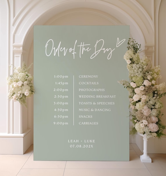 Sage Order of the Day Sign Canva Templates, Wedding Events Sign