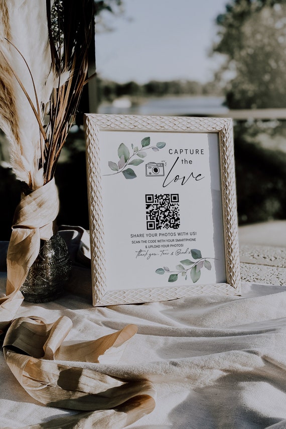 Leaf & Gold Capture the Love QR Code, Wedding Photo Signs, Share the Love, Wedding QR Code Signs, Canva Templates | 80G