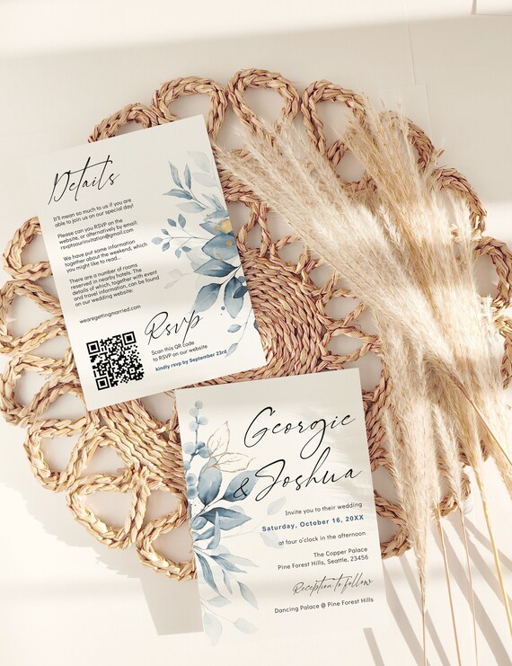 Double Sided Wedding Invitation, Two Separate Cards, Invitation + Details with RSVP QR Code, Scan to RSVP, Canva Template | 80 Dusty Blue