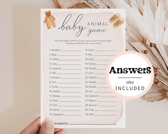 Baby Animal Baby Shower Game, Guess The Animal Baby Shower Game, Gender Neutral Baby Shower Game with Answers, Download and Print | 84