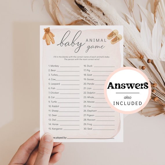 Baby Animal Baby Shower Game, Guess The Animal Baby Shower Game, Gender Neutral Baby Shower Game with Answers, Download and Print | 84