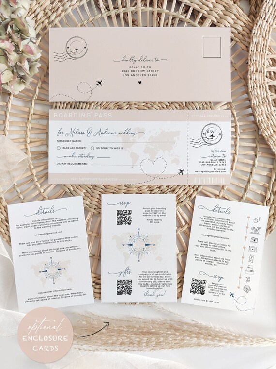 Flight Invitation Set, Boarding Pass Wedding Invitation Suite, RSVP Boarding, Destination Wedding Template, Corjl Templates, FREE Demo | 83