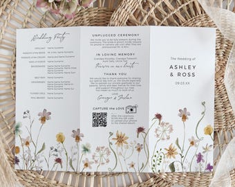 Wildflower Wedding Program, Folded Flower Wedding Order of Service Template, Printable Program, Trifold, Z Fold, Canva Template | 94