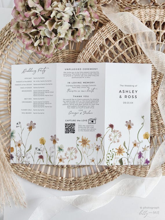 Wildflower Wedding Program, Folded Flower Wedding Order of Service Template, Printable Program, Trifold, Z Fold, Canva Template | 94