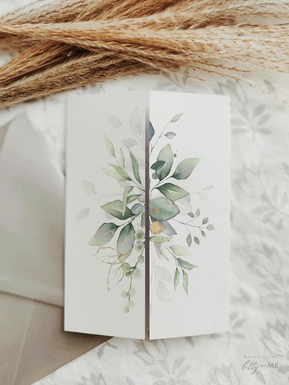 Gatefold Wedding Invitations, Templates for Gatefold Invitations, Beautiful Greenery Design, Canva Template | 80G