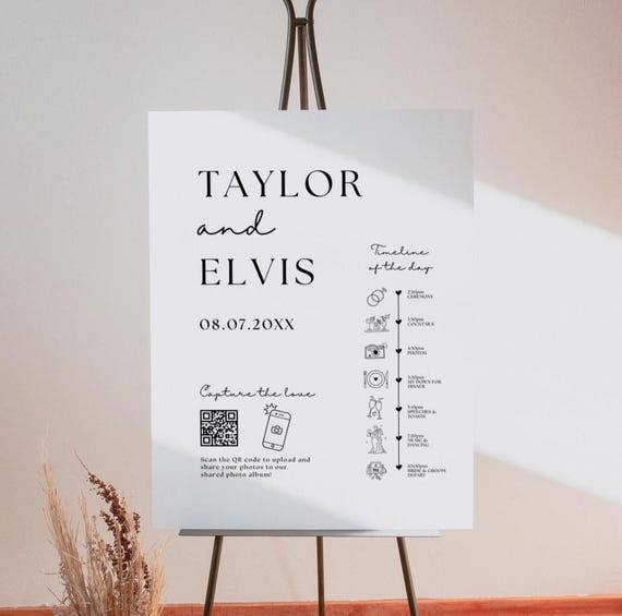 Capture the Love Timeline Sign, Canva Welcome Sign Templates, QR Code and Timeline Templates, Wedding Day Timeline, Canva Templates | 111W
