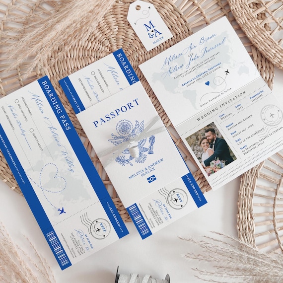 Canva Templates for a USA Passport Wedding Invitation Set, Boarding Pass Template, Blue Passport Invitation Set, Canva Templates | 08