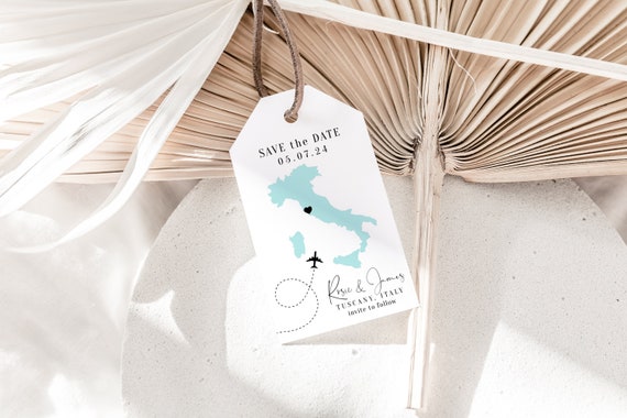 Destination - Italy Save the Date Tags, Italy Save the Date Luggage Tags, Destination Italy, Italy Map, Corjl Templates, FREE Demo