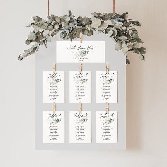 Wedding Seating Plan Template, Seating Cards, Printable Greenery Hanging Cards, Wedding Seating Plan, Table Plan, Canva Templates | 80G