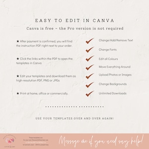 May include: A pink and white graphic with the text "EASY TO EDIT IN CANVA" and "Canva is free - the Pro version is not required". A list of features for Canva is shown with checkmarks next to each feature. The features include: Change/Add/Remove Text, Change Fonts, Edit all Colours, Move Everything Around, Upload Photos or Images, Change Backgrounds, Unlimited Downloads. The text "USE YOUR TEMPLATES OVER AND OVER AGAIN!" is at the bottom of the graphic.