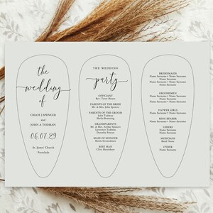 May include: A wedding program with a light gray background and a floral design. The program lists the wedding party details, including the officiant, parents, and bridal party names. The wedding date is 06.07.29.