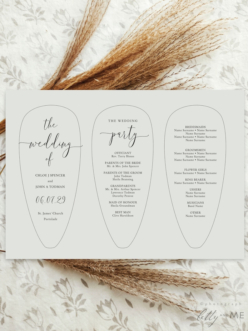 May include: A wedding program with a light gray background and a floral design. The program lists the wedding party details, including the officiant, parents, and bridal party names. The wedding date is 06.07.29.