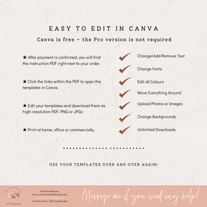May include: Cream-colored graphic with text: "EASY TO EDIT IN CANVA." Instructions include editing templates in Canva, changing text, fonts, colors, and backgrounds. The image also states that Canva is free and the Pro version is not required.