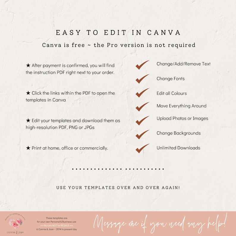 May include: Cream-colored graphic with text: "EASY TO EDIT IN CANVA." Instructions include editing templates in Canva, changing text, fonts, colors, and backgrounds. The image also states that Canva is free and the Pro version is not required.