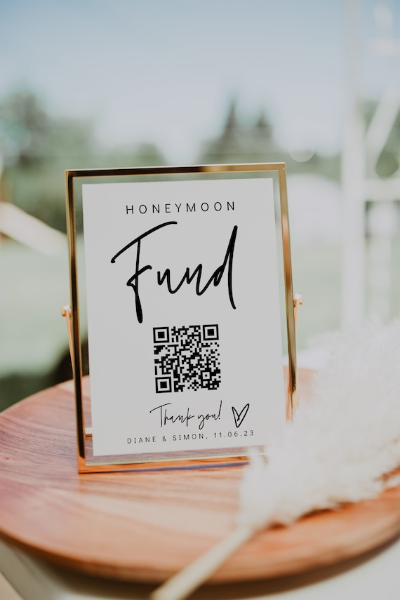 Honeymoon Fund QR Code, Printable QR Code for Wedding, Honeymoon Fund Signs, Portrait & Landscape, Canva Template | 88