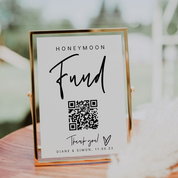Honeymoon Fund QR Code, Printable QR Code for Wedding, Honeymoon Fund Signs, Portrait & Landscape, Canva Template | 88