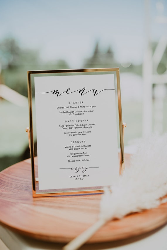 Wedding menu template, 5x7", 4x9" and 8x10" menu. Printable menu card DIY templates. Edit, print, trim! "Wedding" FREE Corjl Demo