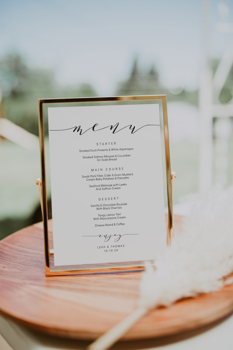 Wedding menu template, 5x7, 4x9 and 8x10 menu. Printable menu card DIY templates. Edit, print, trim Wedding FREE Corjl Demo image 1