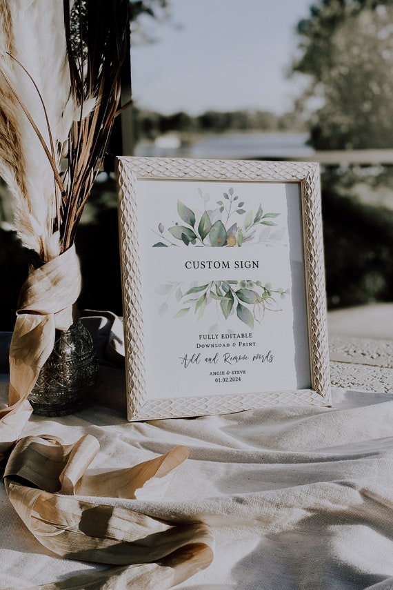 Leaf & Gold - Custom Sign, Printable Wedding Signs with your Custom Words, Custom Sign Templates, 3 Sizes, Corjl Templates, FREE Demo