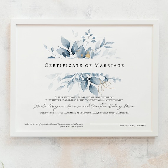 Canva Certificate of Marriage Template, Blue Marriage Certificate Template, Certificate Template, Wedding Keepsake, 6 sizes, Canva Templates