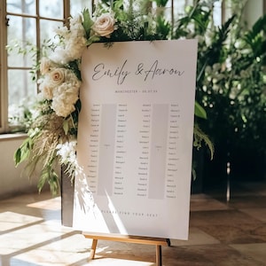 May include: A white seating chart on a wooden easel, adorned with floral arrangements. The chart features the names "Emily & Aaron" and a list of names under the heading "Manchester - 06.07.XX". The text "PLEASE FIND YOUR SEAT" is at the bottom.