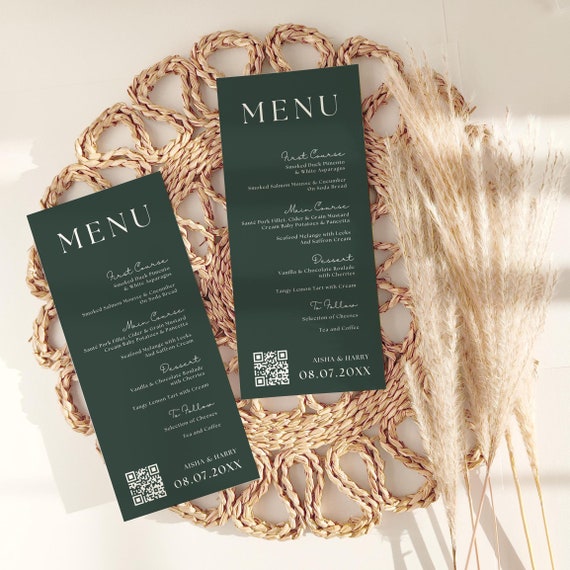 Dark Green Menu, Christmas Menu, Dark Green Wedding menu, Printable Green Menus, Hunter Green, Forest Green, Canva Templates | 111DG