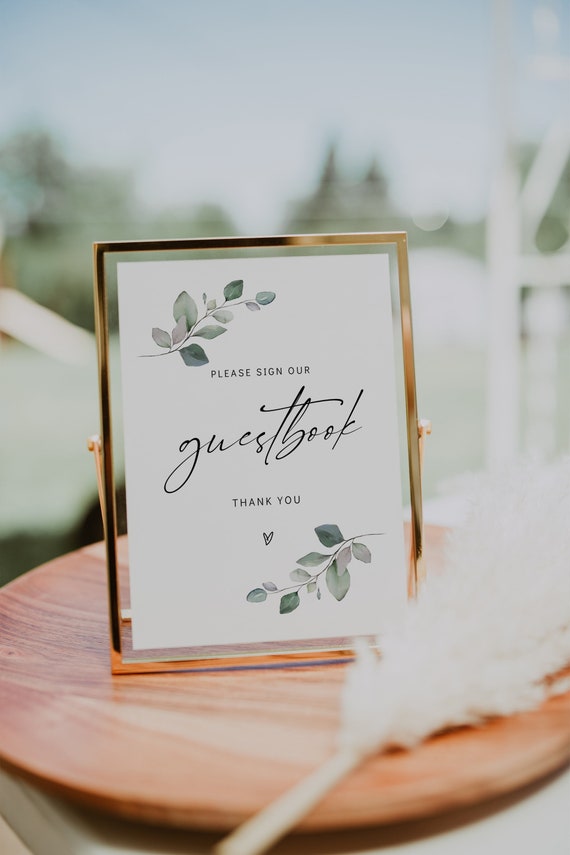 Greenery Guestbook Sign, Wedding Guest Book Template, Printable Signs, Sign for Guest Book, Canva Templates | 80G