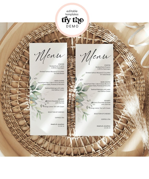 Wedding Menu Cards, Menu Template Download, Wedding Menu Template, Printable Wedding Menus, Corjl Template, FREE Demo | 80G