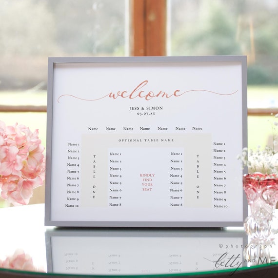 U Shape Seating Plan, U Shaped Table Sign, Wedding Banquet Printable Template, DIY Wedding, Rose Gold EFFECT, 10 Sizes, Canva Templates