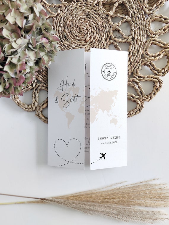 Destination - Wedding Invitations, Travel Inspired Folded Invitation Templates, Destination Wedding Invitations, Canva Templates