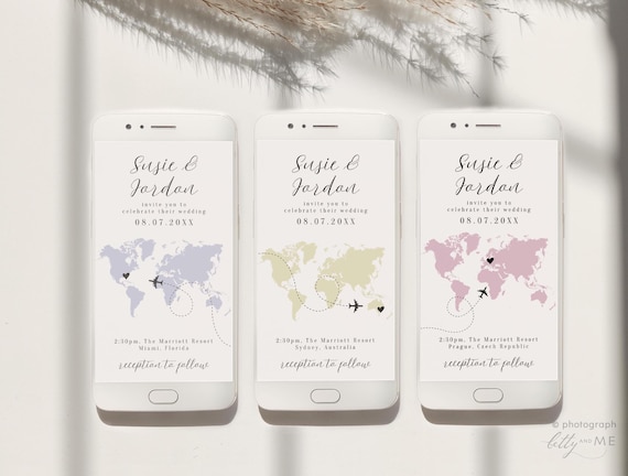 Destination Wedding Electronic Invitations, Phone Invitation Set, Travel Inspired Wedding, Smartphone Invitation, Canva Template
