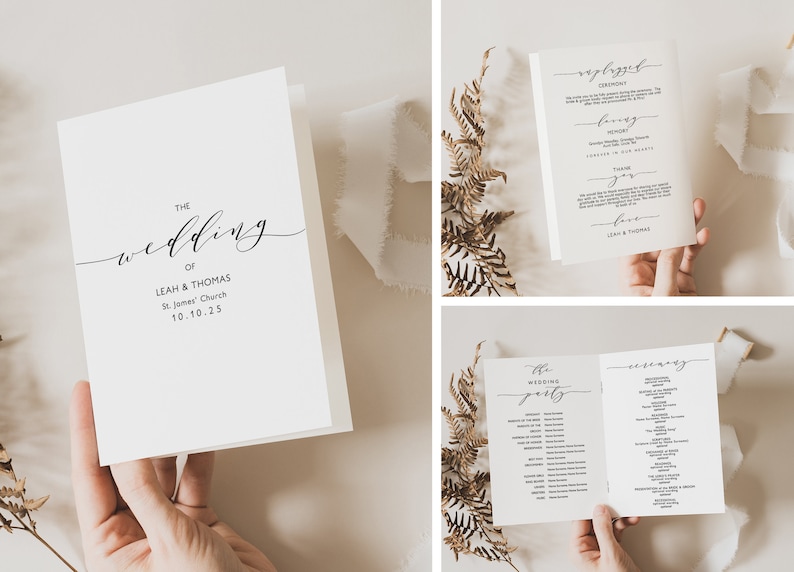 Romantic wedding program template, folded order of service Booklets. Printable program, front, back, inside, Wedding Corjl FREE Demo image 2