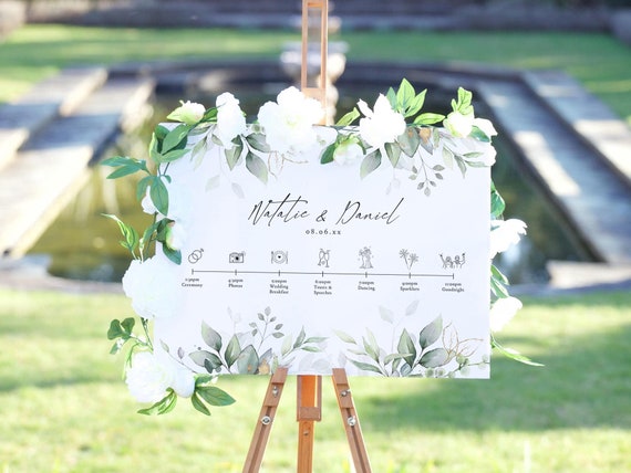 Timeline Wedding Signs, 8 Sizes, Wedding Timeline, Events of the Day Signs, Greenery Wedding Signs, Canva Templates | 80G