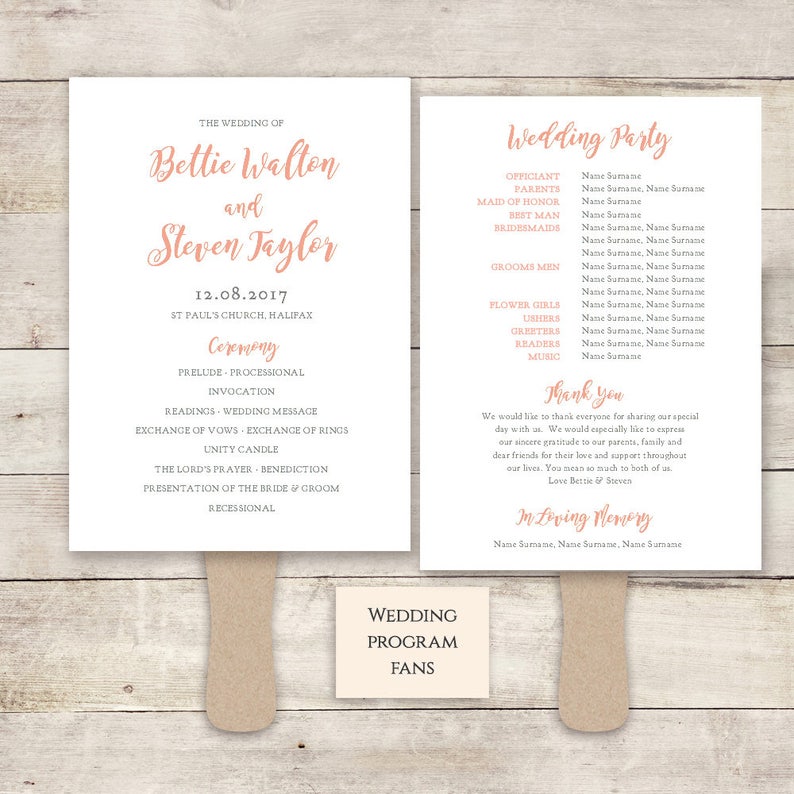 Printable Wedding Program Fan Template Diy Fan Program Order Etsy