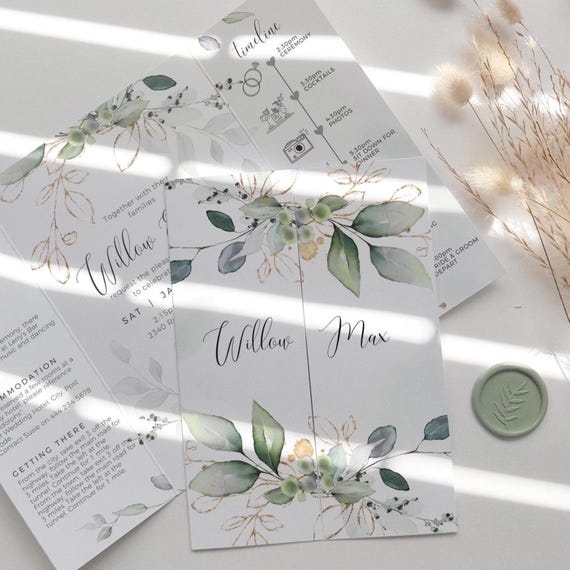 Eucalyptus Wedding Invitation Templates, Gatefold Invites, Canva Templates | 80G