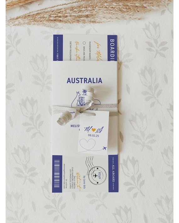 Australia Passport Invitations, Printable Australian Passport Invitation Set Templates, Destination Wedding, Corjl Templates, FREE Demo | 08