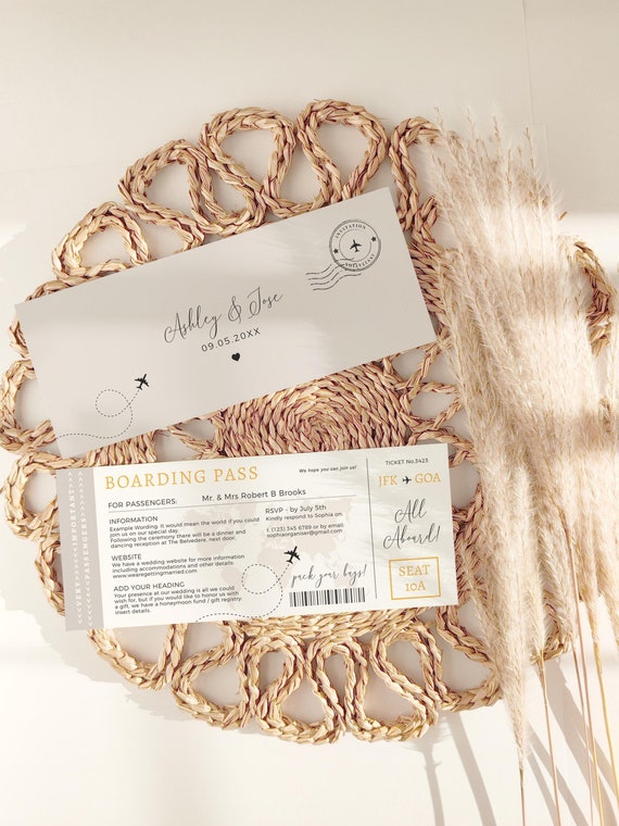 Flight Invitation Set, Boarding Pass Wedding Invitation Suite, Passport Invitation, Destination Wedding Template, Canva Templates | 68