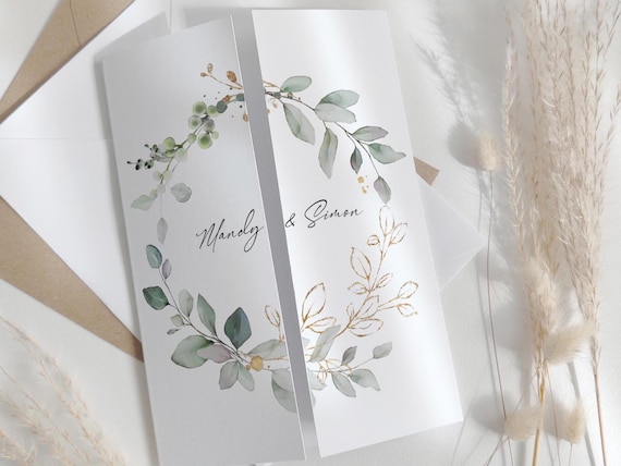 Wedding Invitation Templates, Templates for Greenery Gatefold Invitations, Printable Invitations, Canva Template | 80G