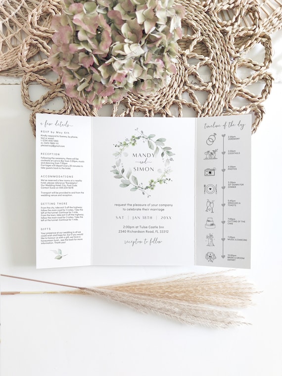 Folded Wedding Invitations, Templates for Greenery Gatefold Invitations, Printable Invitations, Canva Templates | 87