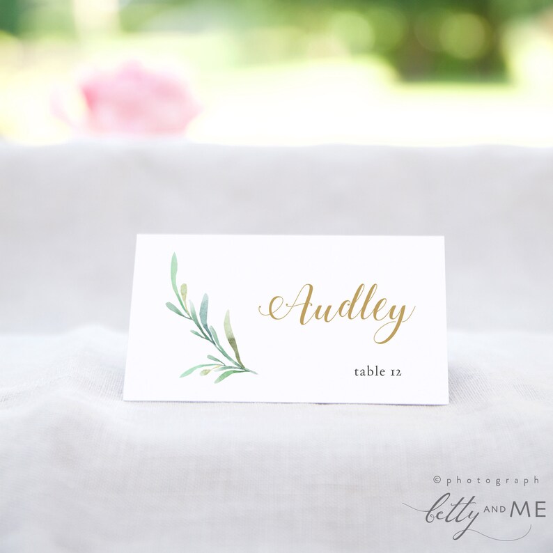 Greenery Wedding Table Place Card Template  Flat & Folded image 1