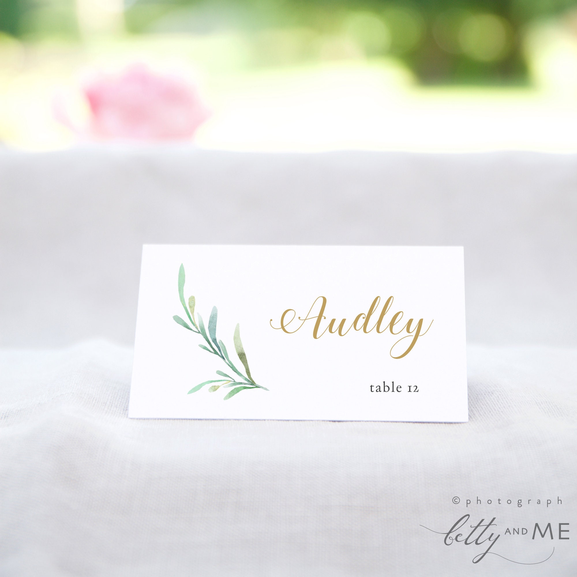 Greenery Wedding Table Place Card Template - Flat & Folded Name Place Cards  in 2111x211" and 211.211x211.211" DIY Place Cards, Corjl Template, FREE Demo Pertaining To Amscan Templates Place Cards