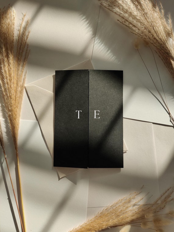 Modern Black Wedding Invitations, Printable Gatefold Invitations, Modern Black Folded Invitations, Canva Templates | 111B