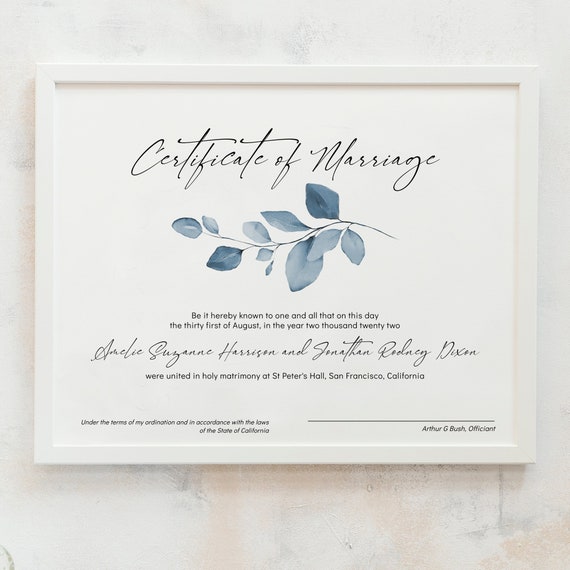 Certificate of Marriage, Printable Certificate of Marriage Template, Wedding Keepsake, 4 sizes, Corjl Template, FREE Demo | 80 Dusty Blue